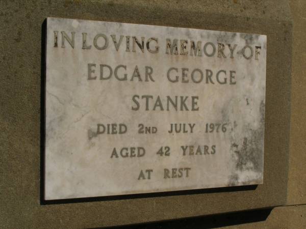 Edgar George STANKE,  | died 2 July 1976 aged 42 years;  | Glencoe Bethlehem Lutheran cemetery, Rosalie Shire  | 