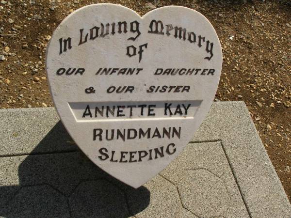 Annette Kay RUNDMANN,  | infant daughter & sister,  | baptised at birth 18-11-1959,  | died 19-11-1959;  | Glencoe Bethlehem Lutheran cemetery, Rosalie Shire  | 