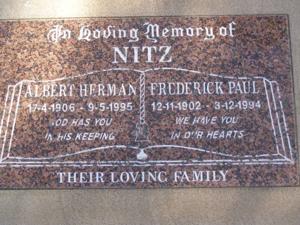 Albert Herman NITZ,  | 17-4-1906 - 9-5-1995;  | Frederick Paul NITZ,  | 12-11-1903 - 3-12-1994;  | Glencoe Bethlehem Lutheran cemetery, Rosalie Shire  | 