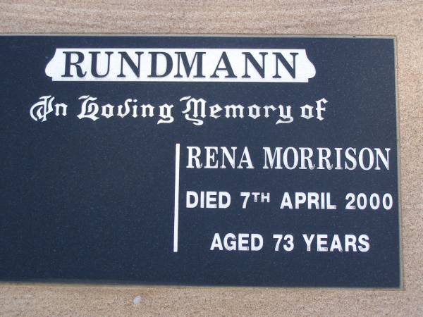 Rena Morrison RUNDMANN,  | died 7 APril 2000 aged 73 years;  | Glencoe Bethlehem Lutheran cemetery, Rosalie Shire  | 