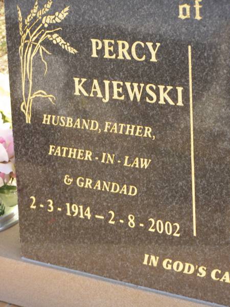 Percy KAJEWSKI,  | husband father father-in-law grandad,  | 2-3-1914 - 2-8-2002;  | Glencoe Bethlehem Lutheran cemetery, Rosalie Shire  | 