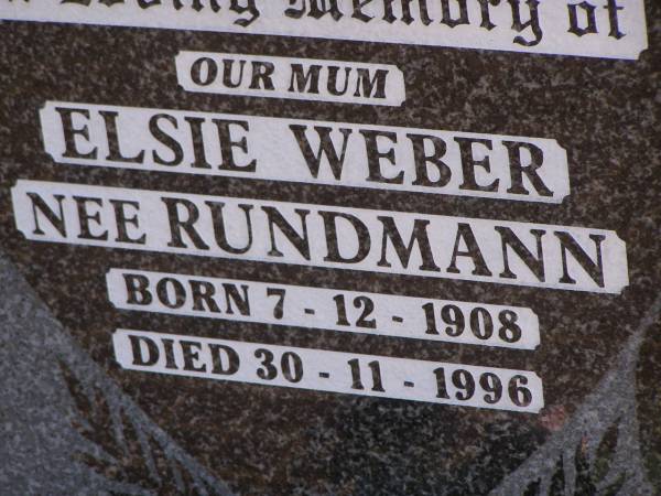 Albert Gustave WEBER,  | dad,  | born 13-6-1908,  | died 11-5-1994;  | Elsie WEBER (nee RUNDMANN),  | mum,  | born 7-12-1908,  | died 30-11-1996;  | Glencoe Bethlehem Lutheran cemetery, Rosalie Shire  | 