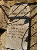 
Johann JANNUSCH,
native of Germany,
born 15 Oct 1843,
died 26 Oct 1912;
Maria Franciske JANNUSCH,
native of Germany,
died 11 Feb 1924 aged 91 years;
Glencoe Bethlehem Lutheran cemetery, Rosalie Shire
