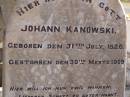 Johann KANOWSKI, born 31 July 1826, died 30 March 1909; Anna KANOWSKI, born 13? May 1826, died 15 Aug 1910; Glencoe Bethlehem Lutheran cemetery, Rosalie Shire 
