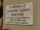 Karoline Louisa HARTWIG, wife of Andrew, died 18 Nov 1981 aged 78 years 11 months; Glencoe Bethlehem Lutheran cemetery, Rosalie Shire 