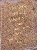 Maria Louisa JANNUSCH, born 8 July 1876, died 10 July 1970; Ferdinand Theodore JANNUSCH, born 1 Mar 1876, died 25 Mar 1958; Glencoe Bethlehem Lutheran cemetery, Rosalie Shire 