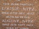 
parents;
Lousie NITZ,
died 27 Dec 1957 aged 84 years;
August NITZ,
died 13 Sept 1958 aged 87 years;
Glencoe Bethlehem Lutheran cemetery, Rosalie Shire
