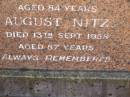 parents; Lousie NITZ, died 27 Dec 1957 aged 84 years; August NITZ, died 13 Sept 1958 aged 87 years; Glencoe Bethlehem Lutheran cemetery, Rosalie Shire 