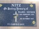 
Mabel Esther NITZ,
12 Feb 1910 - 4 Oct 1996;
Glencoe Bethlehem Lutheran cemetery, Rosalie Shire
