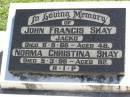 
John Francis (Jacko) SHAY,
died 6-8-66 aged 48 years;
Norma Christina SHAY,
died 5-3-96 aged 82years;
Gleneagle Catholic cemetery, Beaudesert Shire
