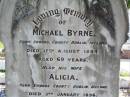 
Michael BYRNE,
born Swords County Dublin Ireland,
died 17 August 1894 aged 69 years;
Alicia, wife,
born Swords County Dublin Ireland
died 3 Jan 1896 aged 50 years;
Gleneagle Catholic cemetery, Beaudesert Shire
