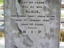 
Michael BYRNE,
born Swords County Dublin Ireland,
died 17 August 1894 aged 69 years;
Alicia, wife,
born Swords County Dublin Ireland
died 3 Jan 1896 aged 50 years;
Gleneagle Catholic cemetery, Beaudesert Shire
