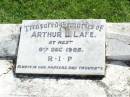 
Arthur L. LANE,
died 8 Dec 1955;
Gleneagle Catholic cemetery, Beaudesert Shire
