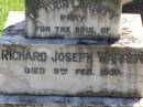 
Richard Joseph WARREN,
died 9 Feb 1939;
Cecilia Mary WARREN,
died 30 Dec 1961;
Gleneagle Catholic cemetery, Beaudesert Shire
