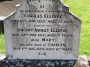 
Charles ELLERAY, husband father,
died 16 June 1932 aged 75 years;
Vincent Ashley ELLERAY, son,
died 23 May 1912 aged 7 years;
Mary, wife of Charles,
died 11 Aug 1955 aged 87 years;
Gleneagle Catholic cemetery, Beaudesert Shire
