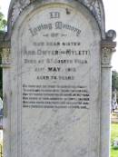
Ann DWYER (nee MYLETT), sister,
died St Joseph Villa 21 May 1913 aged 74 years;
Gleneagle Catholic cemetery, Beaudesert Shire
