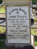 
John TILLEY,
died 21 July 1914 aged 74 years,
erected by wife & family;
Viola Grace, daughter of Harry & Violet SMITH,
aged 3 and 12 months;
Mary TILLEY,
died 5 June 1921 aged 74 years;
Gleneagle Catholic cemetery, Beaudesert Shire
