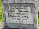 
babies DREDGE;
Lynne Margaret, died 13 March 1953;
Barbara Anne, died 26 Sept 1959;
Gleneagle Catholic cemetery, Beaudesert Shire
