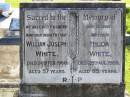 
William Joseph WHITE, husband father,
died 24 Feb 1960 aged 57 years;
Hilda WHITE, mother,
died 25 Aug 1988 aged 85 years;
Gleneagle Catholic cemetery, Beaudesert Shire
