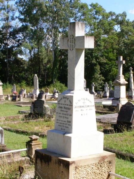 John MURRAY, of Bromelton,  | died 19 Jan 1919 aged 82 years;  | Ann, wife,  | died 19 Oct 1929 aged 79 years;  | Catherine CORCORAN,  | died 14 May 1884;  | Gleneagle Catholic cemetery, Beaudesert Shire  | 