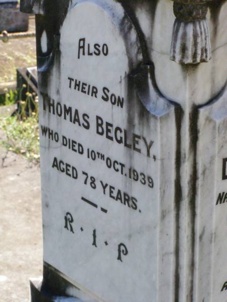 Daniel BEGLEY, father,  | native of County Armagh Ireland,  | died 29 Aug 1915 aged 77 years;  | Bridget, wife mother,  | native of County Armagh Ireland,  | died 14 Oct 1916 aged 76 years;  | Thomas BEGLEY, son,  | died 10 Oct 1939 aged 78 years;  | Gleneagle Catholic cemetery, Beaudesert Shire  | 