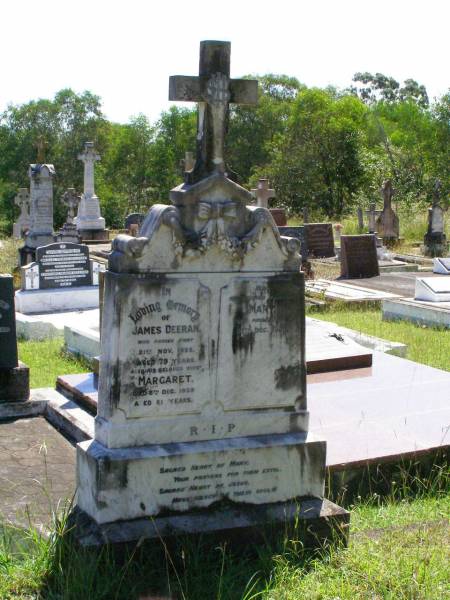 James DEERAN,  | died 21 Nov 1928 aged 79 years;  | Margaret, wife,  | died 8 Dec 1939 aged 81 years;  | Mary, daughter,  | died 27 Dec 1928;  | Gleneagle Catholic cemetery, Beaudesert Shire  | 