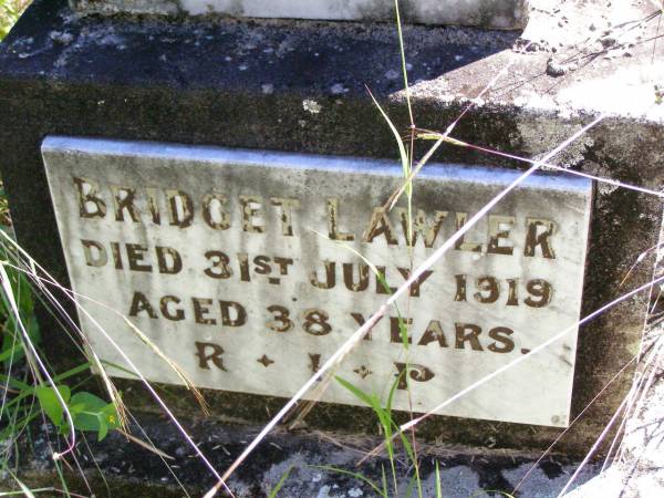 Bridget LAWLER,  | died 31 July 1919 aged 38 years;  | Teresa, infant daughter of John LAWLOR;  | Gleneagle Catholic cemetery, Beaudesert Shire  | 