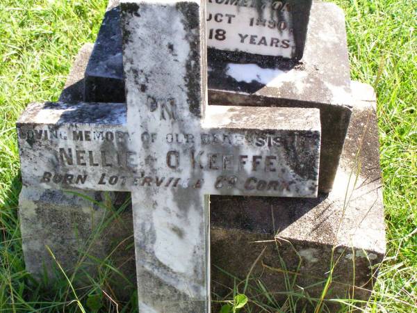 Nellie O'KEEFFE, sister,  | born Loterville County Cork,  | accidentally drowned Bromelton  | 27 Oct 1890 aged 18 years;  | Gleneagle Catholic cemetery, Beaudesert Shire  | 
