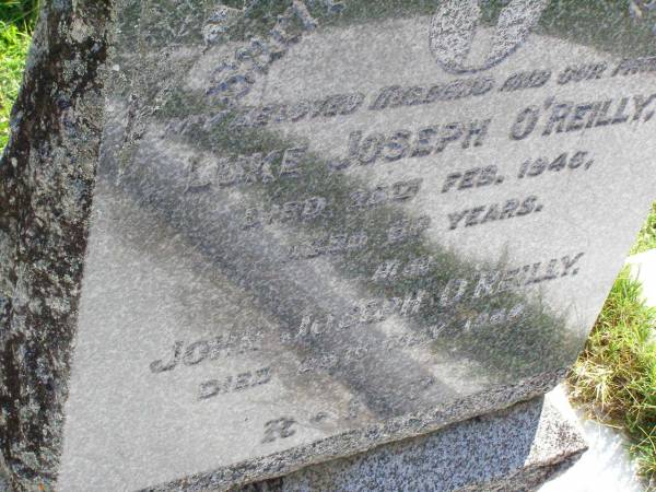 Luke Joseph O'REILLY, husband father,  | died 28 Feb 1946 aged 66? years;  | John Joseph O'REILLY,  | died 25 May 1969;  | Gleneagle Catholic cemetery, Beaudesert Shire  | 
