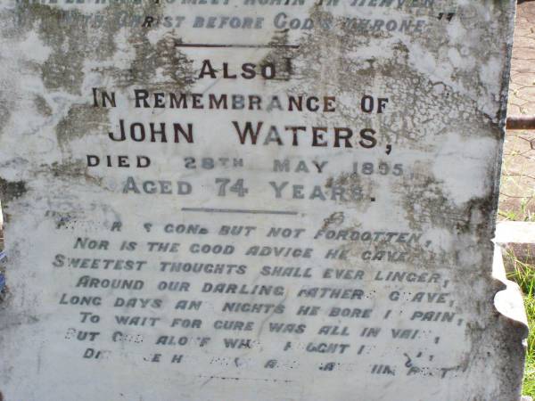 Bridget, wife of John WATERS,  | died 5 Feb 1894 aged 67 years;  | John WATERS, father,  | died 28 May 1895 aged 74 years;  | Gleneagle Catholic cemetery, Beaudesert Shire  | 