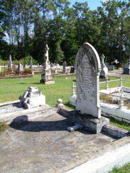Michael BYRNE,  | born Swords County Dublin Ireland,  | died 17 August 1894 aged 69 years;  | Alicia, wife,  | born Swords County Dublin Ireland  | died 3 Jan 1896 aged 50 years;  | Gleneagle Catholic cemetery, Beaudesert Shire  | 