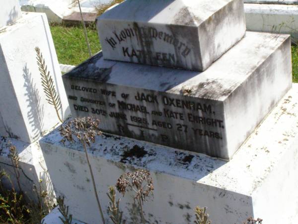 children of Michael & Kate ENRIGHT;  | Patrick James, aged 4 years 7 months;  | Mary Teresa, aged 2 years 10 months;  | Lucy Cecilia, aged 1 year;  | John Vincent, aged 10 months;  | Rev Thomas ENRIGHT,  | died 17 Dec 1919 aged 58 years;  | Rev James ENRIGHT,  | died 24 May 1921 aged 68 years;  | Kathleen, wife of Jack OXENHAM,  | daughter of Michael & Kate ENRIGHT,  | died 30 June 1925 aged 27 years;  | Gleneagle Catholic cemetery, Beaudesert Shire  | 