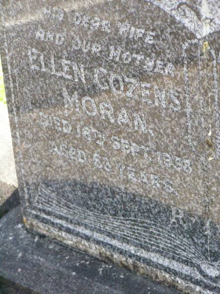 Ellen Cozens MORAN, wife mother,  | died 16 Sept 1958 aged 63 years;  | Peter Leo MORAN, husband father,  | died 29 Aug 1955 aged 64 years;  | Gleneagle Catholic cemetery, Beaudesert Shire  | 