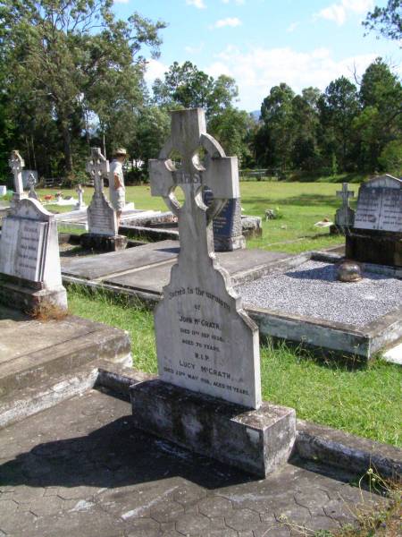 John MCGRATH,  | died 11 Sept 1930 aged 70 years;  | Lucy MCGRATH,  | died 23 May 1956 aged 95 years;  | Gleneagle Catholic cemetery, Beaudesert Shire  | 