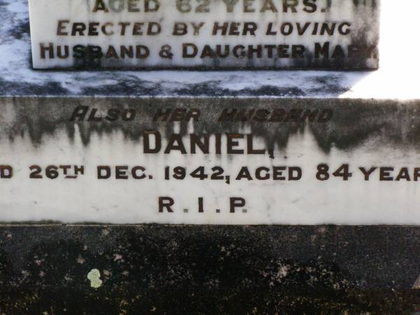 Elizabeth ENRIGHT,  | died 10 July 1937 aged 62 years,  | erected by husband & daughter Mary;  | Daniel, husband,  | died 26 Dec 1942 aged 84 years;  | Gleneagle Catholic cemetery, Beaudesert Shire  | 
