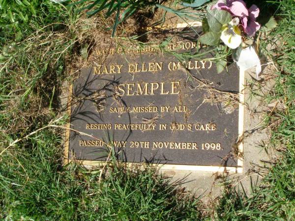 Mary Ellen (Molly) SEMPLE,  | died 29 Nov 1998;  | Gleneagle Catholic cemetery, Beaudesert Shire  | 