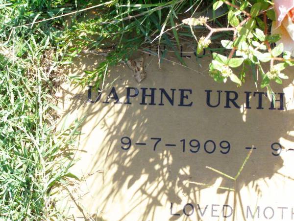Daphne Urith COULSON,  | 9-7-1909 - 9-7-1996,  | mother of Kevin, Richard,Phillip, Tarlin??;  | Gleneagle Catholic cemetery, Beaudesert Shire  | 