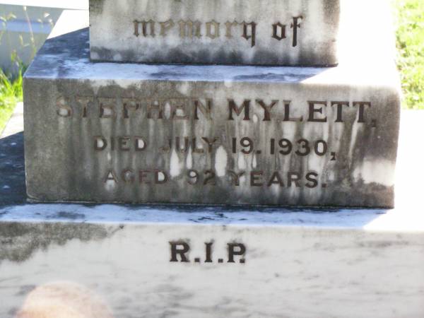 Stephen MYLETT,  | died 19 July 1930 aged 92 years;  | Gleneagle Catholic cemetery, Beaudesert Shire  | 