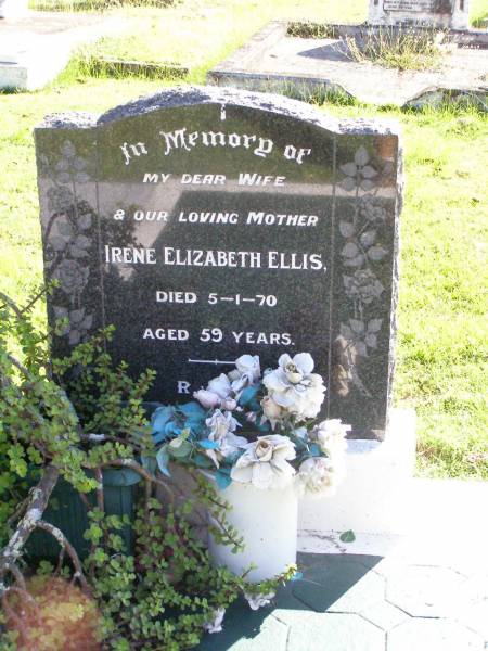 Irene Elizabeth ELLIS,  | wife mother,  | died 5-1-70 aged 59 years;  | Gleneagle Catholic cemetery, Beaudesert Shire  | 