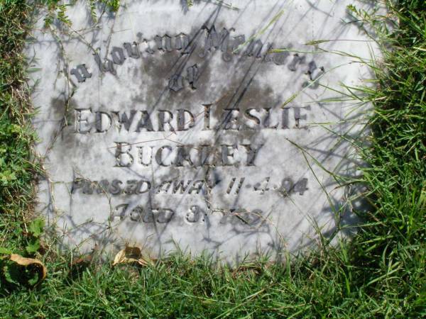 Edward Leslie BUCKLEY,  | died 11-4-84 aged 31 years;  | Gleneagle Catholic cemetery, Beaudesert Shire  | 