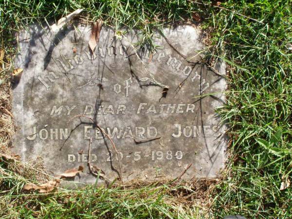 John Edward JONES, father,  | died 20-5-1980;  | Gleneagle Catholic cemetery, Beaudesert Shire  | 