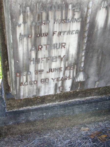 Arthur HUFFEY, husband father,  | died 3 June 1953 aged 60 years;  | Gleneagle Catholic cemetery, Beaudesert Shire  | 