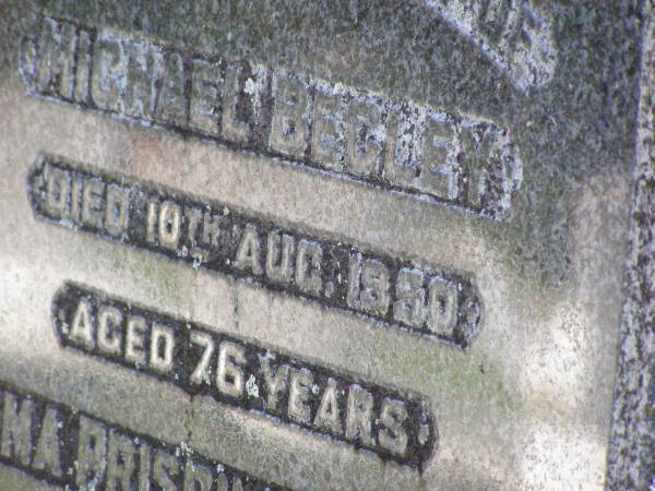 William BEGLEY,  | died 10 Aug 1950 aged 76 years;  | Emma Priscilla BEGLEY,  | died 21 June 1954 aged 68 years;  | Gleneagle Catholic cemetery, Beaudesert Shire  | 