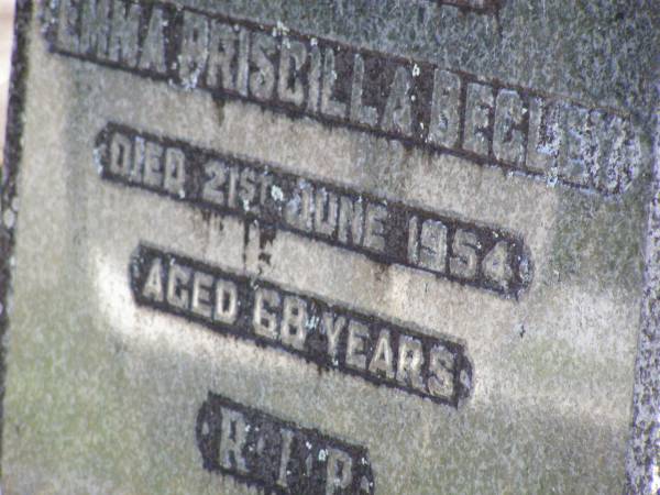 William BEGLEY,  | died 10 Aug 1950 aged 76 years;  | Emma Priscilla BEGLEY,  | died 21 June 1954 aged 68 years;  | Gleneagle Catholic cemetery, Beaudesert Shire  | 