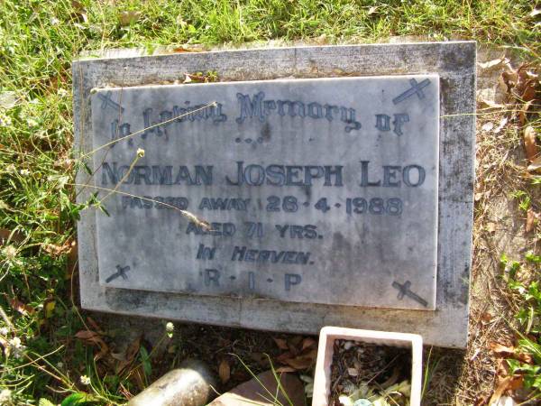 Norman Joseph LEO,  | died 26-4-1988 aged 71 years;  | Gleneagle Catholic cemetery, Beaudesert Shire  | 