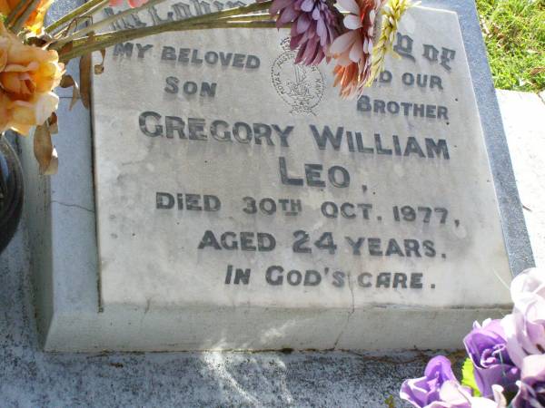 Gregory William LEO, son brother,  | died 30 Oct 1977 aged 24 years;  | Gleneagle Catholic cemetery, Beaudesert Shire  | 