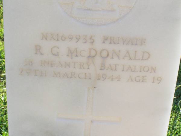 R.G. MCDONALD,  | died 29 March 1944 aged 19 years;  | Gleneagle Catholic cemetery, Beaudesert Shire  | 