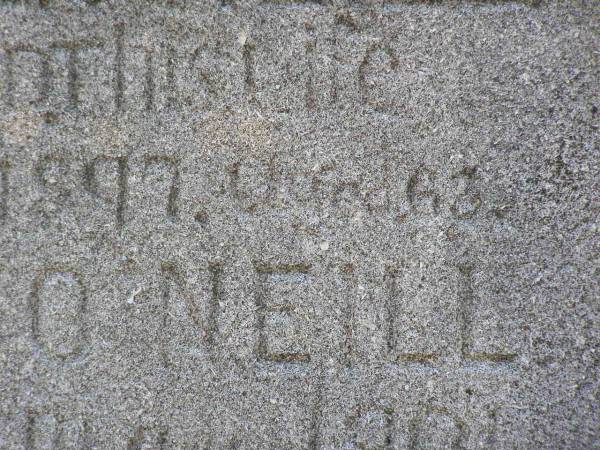 Lawrence O'NEILL,  | died 21 Oct 1897 aged 63 years;  | Margaret O'NEILL,  | died 4 May 1901 aged 66? years;  | Gleneagle Catholic cemetery, Beaudesert Shire  | 