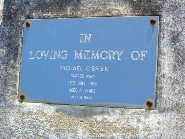 Doreen Mary O'BRIEN,  | daughter sister,  | died 16 August 1961 aged 52 years;  | Michael O'BRIEN,  | died 15 July 1985 aged 71 years;  | Gleneagle Catholic cemetery, Beaudesert Shire  | 