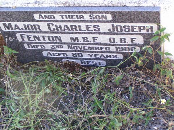 Charles C. FENTON, husband father,  | died 12 April 1943 aged 66 years;  | Bridget M. FENTON, mother,  | died 27 March 1968 aged 91 years;  | Charles Joseph FENTON,  | died 3 Nov 1988 aged 80 years;  | Gleneagle Catholic cemetery, Beaudesert Shire  | 
